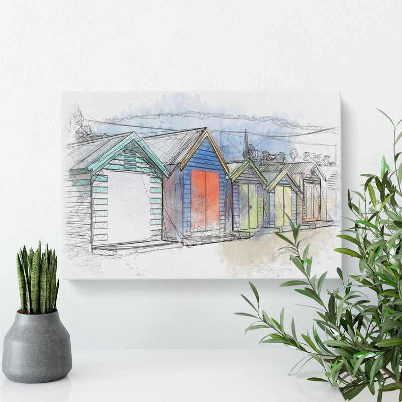 Colourful Beach Huts Sketch - Wrapped Canvas, 35cm H x 50cm W x 3cm D