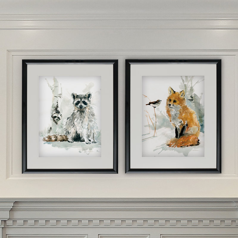 «Raccoon and Baby», ensemble de 2 reproductions encadrées, Cadre noir