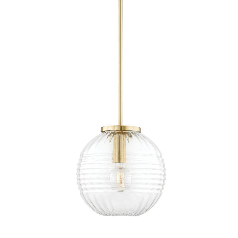 Aged Brass Globe Pendant Light with Clear Ribbed Glass