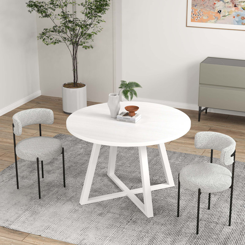 3-Piece Round Dining Set, Trestle Dining Table with 2 Boucle Chairs, Gray