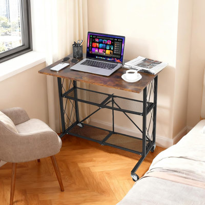 31.5'' Foldable Desk with Wheels, 3-Tier No Assembly Rolling Cart with Wood Top & Side Baskets, Mobile Workstation for Study, Kitchen, Living Room