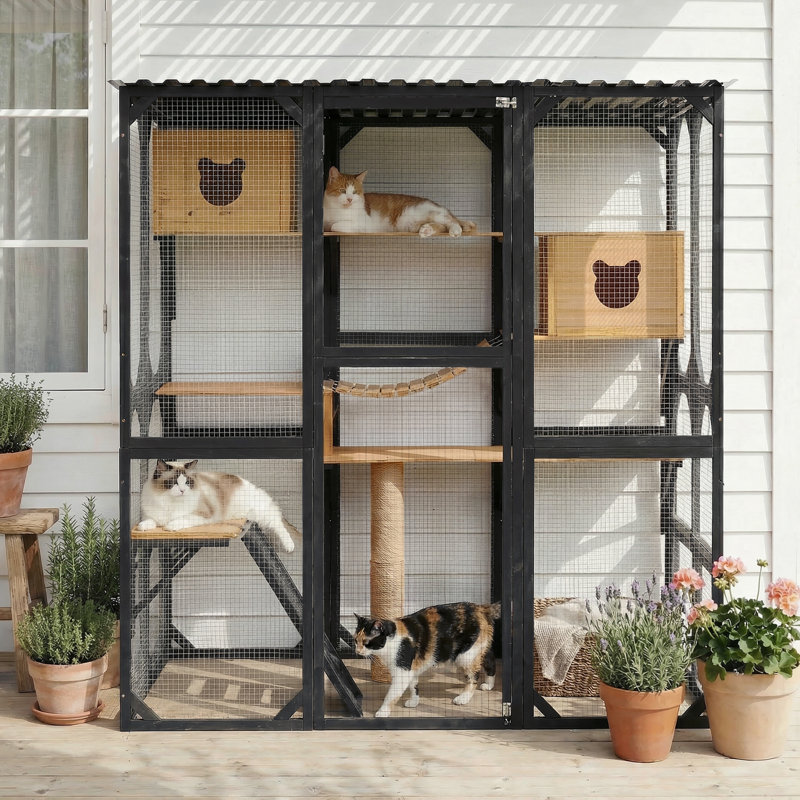Enceinte de chat spacieuse pour l'extérieur avec des maisons pour dormir, des plateformes de saut et un poteau à griffes pour un jeu et un repos en toute sécurité