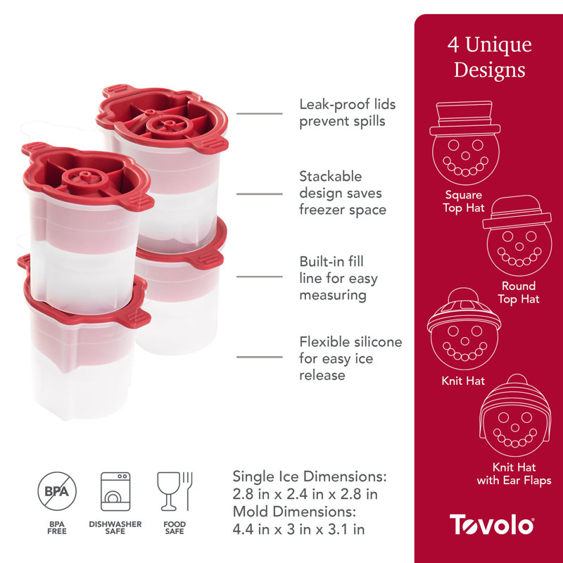 Tovolo Snowman Ice Molds Set of 4 for Holiday Cocktails and Winter Drinks, Red