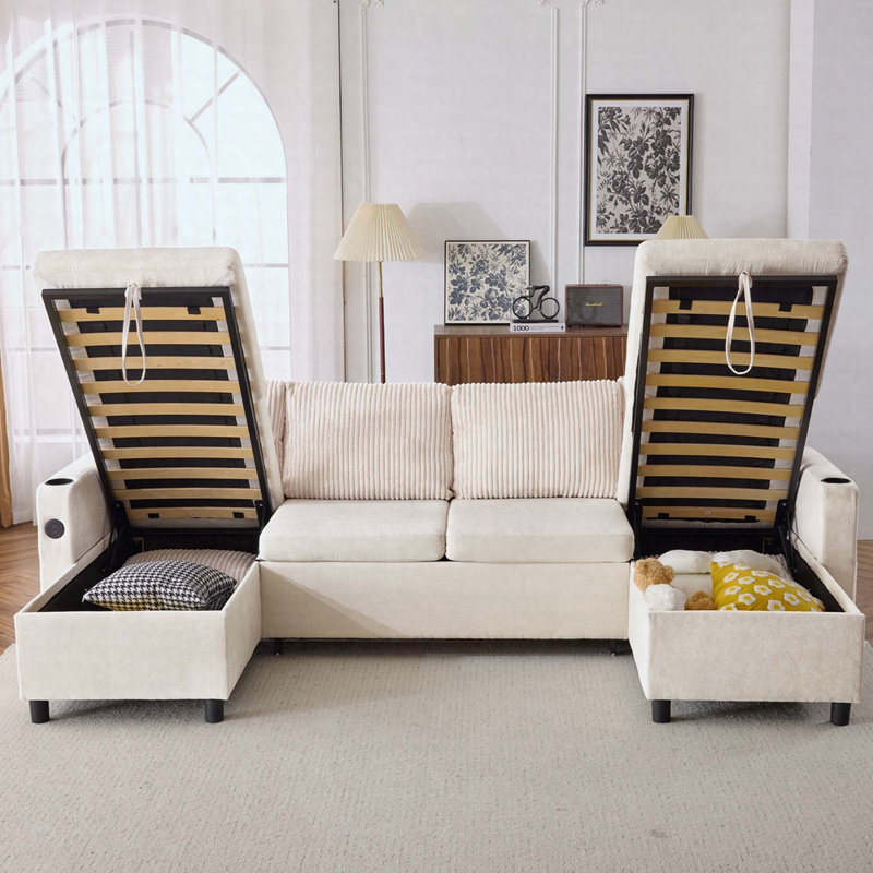 Canapé en chenille avec accoudoirs carrés, Beige