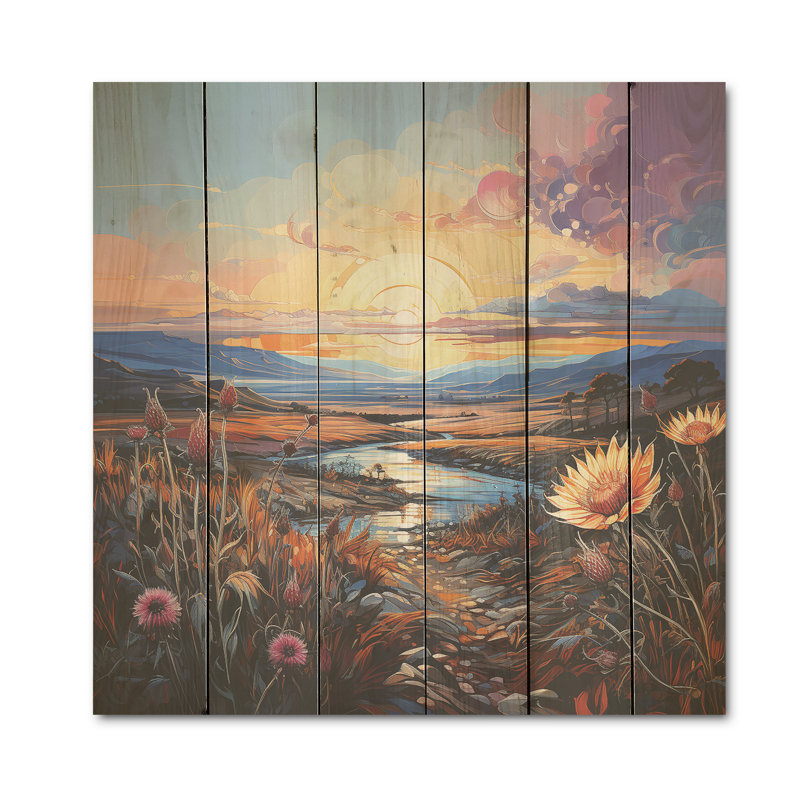 Thistle Flower Field Sunset I - Art mural en bois sur fond de bois de pin naturel, H 25 po x l 25 po