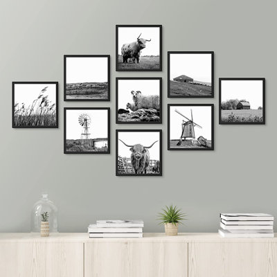 Signe, art mural, ensemble de reproductions d'art sur châssis, ferme, mouton, bison, vache, animal, nature, photographie, art moderne, rustique, bohème, détente / calme