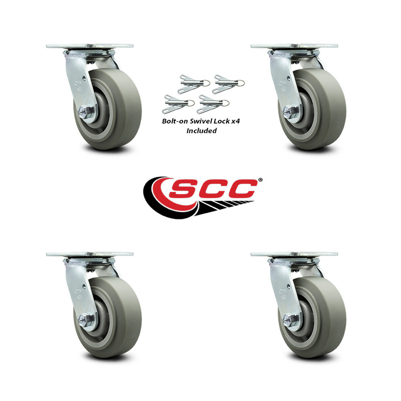 5 Inch Thermoplastic Rubber Caster Set with Roller Bearing and Swivel Lock SCC|SCC-30CS520-TPRRF-BSL-4