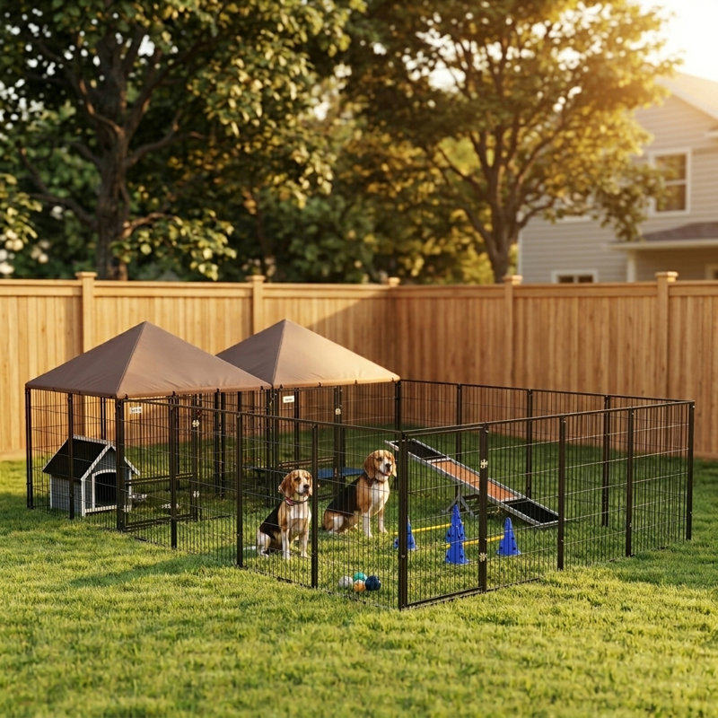 Grand chenil d'extérieur pour chien avec 2 pièces, bols rotatifs et réglables en hauteur, 13,5 pi x 9,4 pi x 5,1 pi