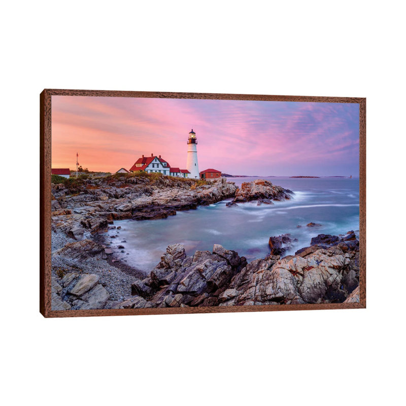 Cape Elizabeth Fiery Sunset, Portland Maine New England by Susanne Kremer - Print on Canvas, Classic Brown Wood Framed