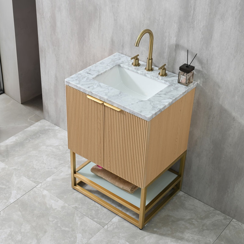 24'' Single Bathroom Vanity with Natural Carrara Marble Top, White Oak, White Oak