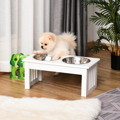 6" Tall Dog Food Stand, Stainless Steel Elevated Bowls With Wooden Frame, White, Promotes Proper Digestion For Pets Enhanced Pet Health, Height, & Wood, Non-Slip, Better