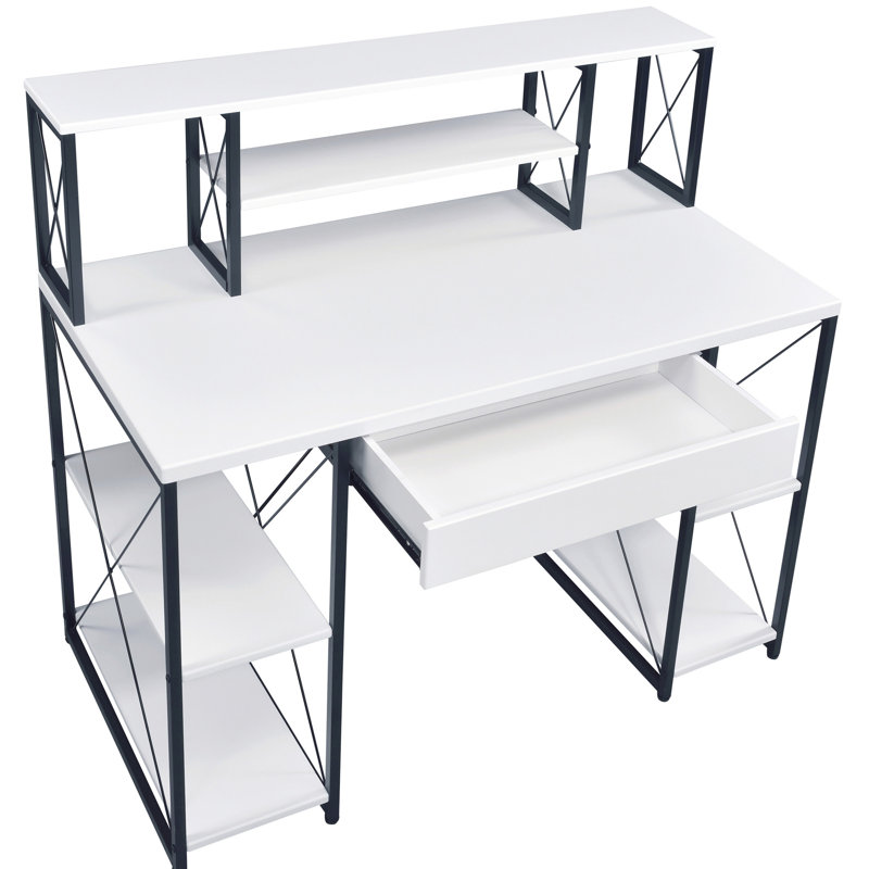  Bureau avec tablettes ouvertes et huche, Blanc