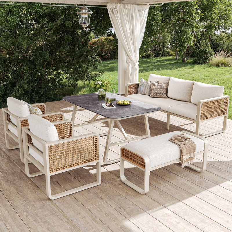 Modular Pe Rattan Outdoor Sofa Set With Washable Cushions & Marble Table