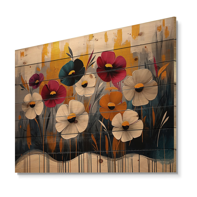 Red Gold Cornflower Blooms - Cornflowers Wood Print - On Natural Pine Wood, 34" H x 44" W x 0.78" D