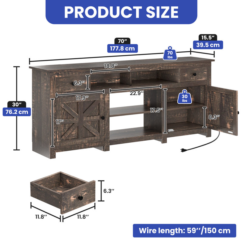 Meuble télé 70 po avec foyer électrique 23 po Farmhouse Style, Brun rustique
