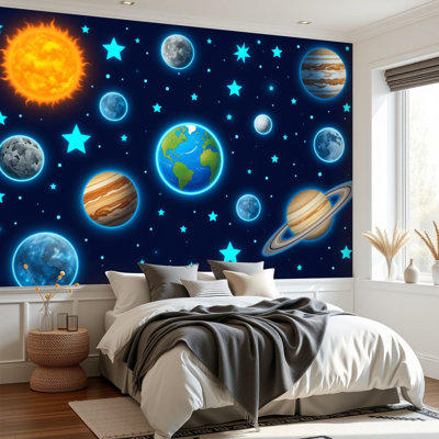Papier peint adhésif système solaire Étoiles brillantes Planètes lumineuses Bleu soleil brillant Multicolore Papier autocollant amovible pour décoration murale 69 po x l 96 po