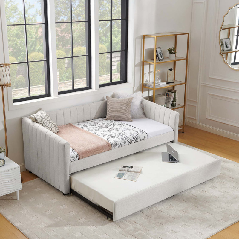 Linen Upholstered  Daybed with Trundle, Beige, Twin