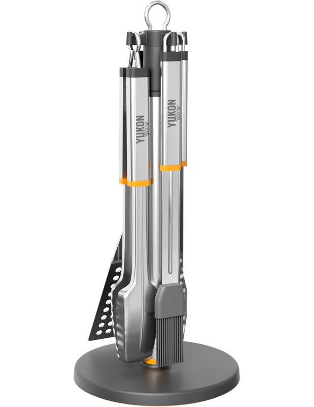 Ensemble d'outils de barbecue Yukon Glory avec support rotatif à 360 degrés, poignée de transport et plateau de capture, acier inoxydable
