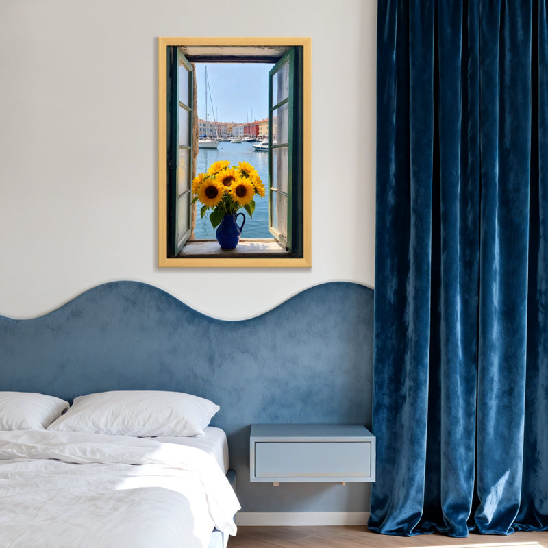 Paysage et nature tournesols dans un vase bleu vue de la fenêtre scène de port, H 24 po x l 16 po, Toile tendue