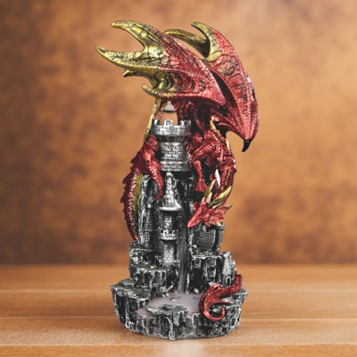 11"H Red Dragon on Ruined Castle Backflow