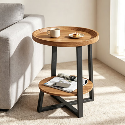 Table d'appoint ronde industrielle avec finition en bois de cerisier, table de bout moderne pour salon, chambre à coucher, table de chevet avec structure en métal robuste et rebord surélevé