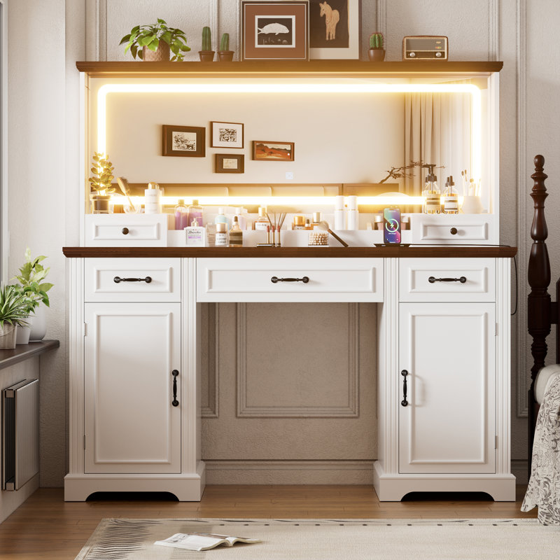 55.1" Large Vanity Desk with Lighted Mirror & Power Outlet, White Makeup Vanity & 8 Drawers 3 Lighting Modes Hollywood Dressing Vanity Desk Set, Large Makeup Vanity with Lots of Storage for Girls