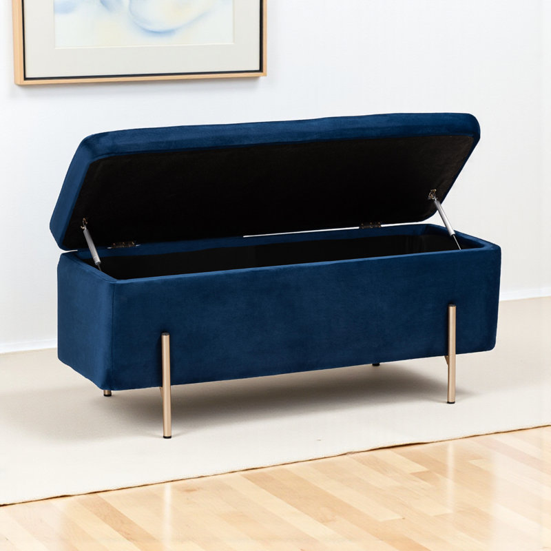 Molto Gold Finished Metal Storage Bench in Navy Blue Upholstery, 17.7'' H X 43.3'' W X 15.7'' D, Navy Velvet