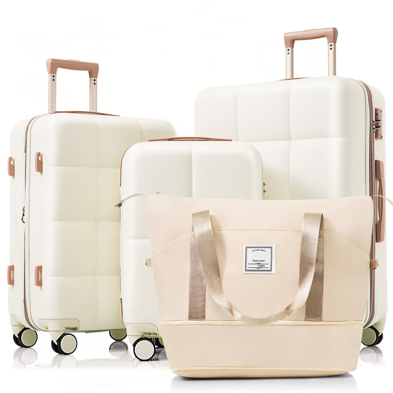 Ensemble de valises 4 pièces, valise durable en ABS avec sac de voyage, porte-gobelet, White+Gold