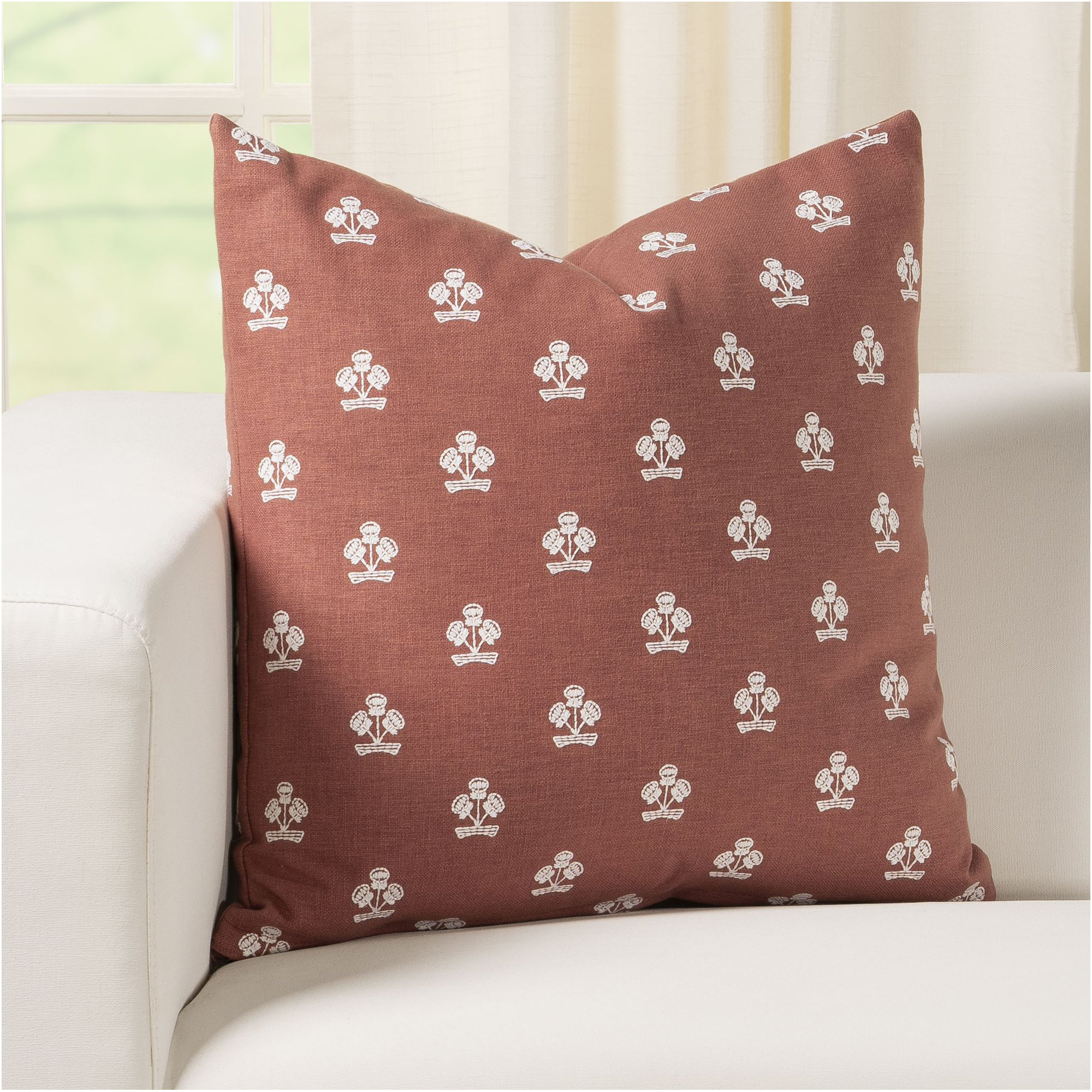 Hamachi Polyester Throw Square Pillow Cover & Insert, Cinnebar Floral 1, Feather, Square 20"
