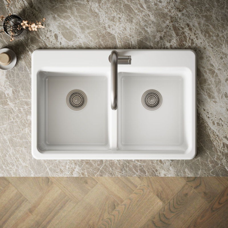 Riverby 33 In. Top-Mount Double-Bowl Kitchen Sink, 1 hole, White, Double-equal bowls