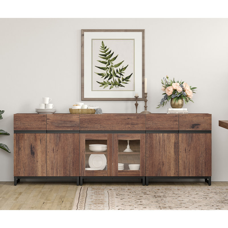 Modern Sideboard With Adjustable Shelves And Drawer, 3 In 1 Storage Cabinet With Glass Doors, Coffee Bar Cabinet For Living Room, Kitchen