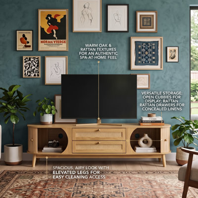 Meuble télé en rotin pour téléviseur de 75 po ou moins, console multimédia de style campagne moderne avec pieds en bois massif et rangement spacieux, meuble télé