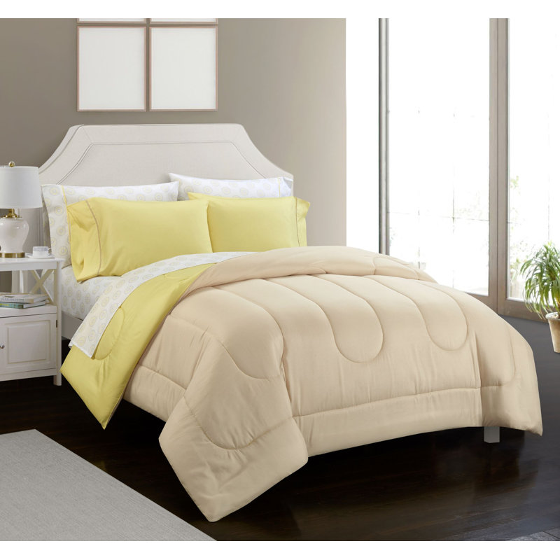 Ensemble d'édredon réversible en microfibre 7 pièces 7pc Comforter Sets, Édredon très grand + 4 taies d'oreiller, Jaune