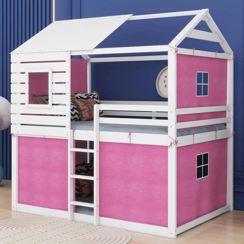 Lit superposé en bois avec tente Yaraghi, Double sur double, Rose / blanc