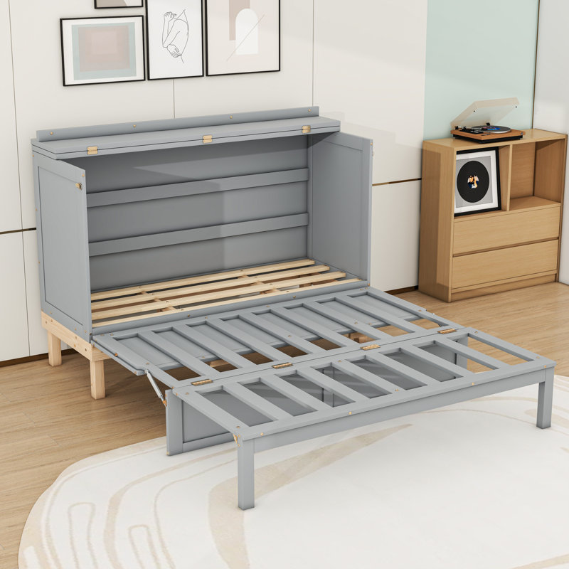 Grand lit plateforme escamotable en bois, gris
