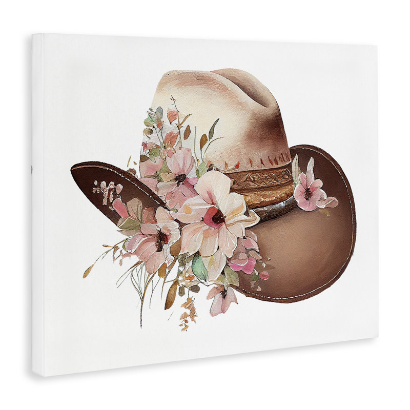 «Pink Floral Cowboy Hat», art mural sur toile par Birch & Ink, H 24 po x l 30 po