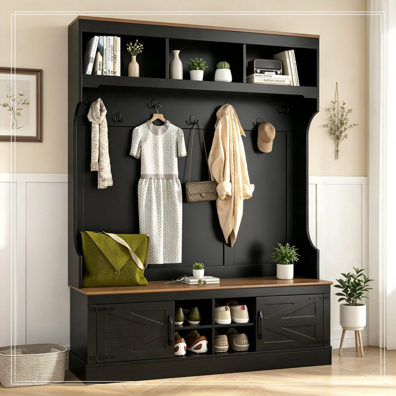 Canapé avec banc, rangement pour chaussures, 2 armoires et casiers, Noir