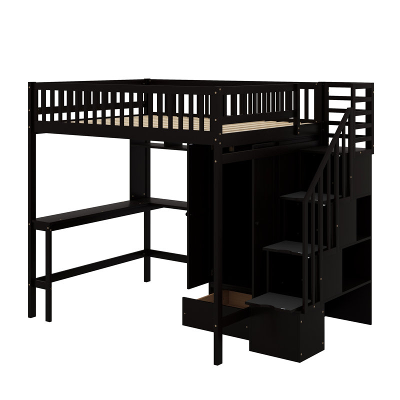 Lit mezzanine double avec bibliothèque, tiroirs, bureau et garde-robe, Espresso