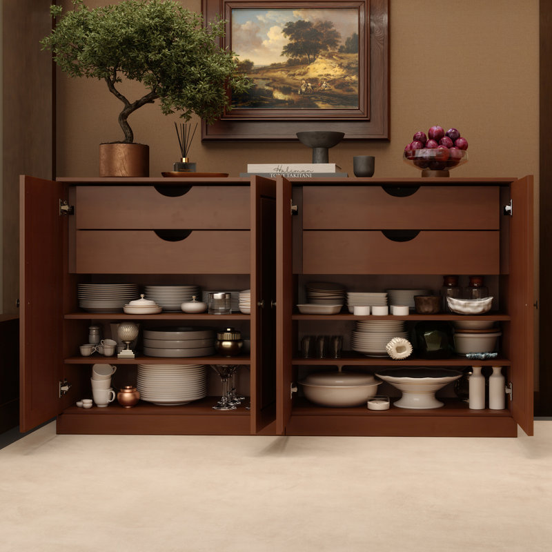 100% Solid Wood 64" Sideboard with Solid Doors, 4-Drawers and Adjustable Shelves, Mocha