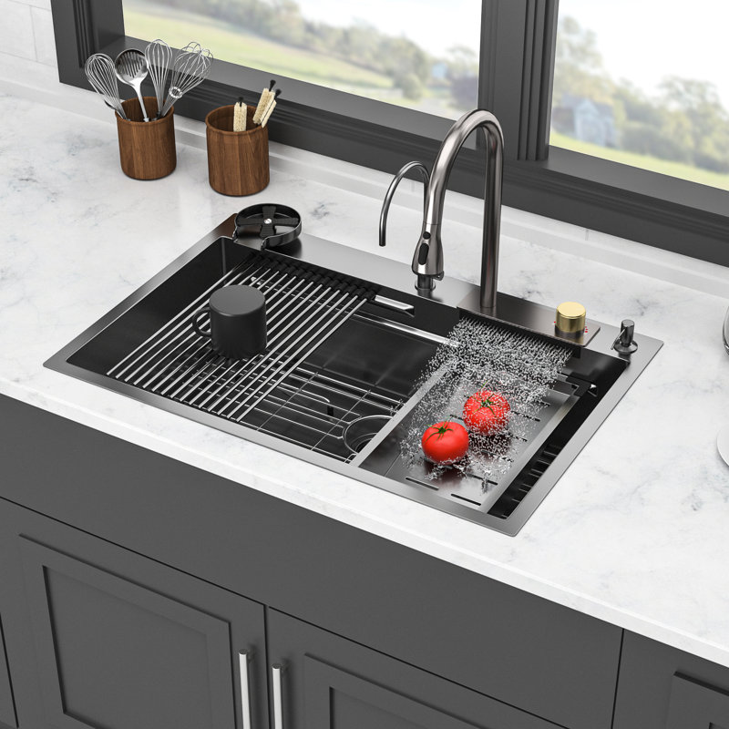 33X22x10 Inch 16 Gauge T304 Stainless Steel Gunmetal Black Kitchen Sink With Waterfall Style, Pull-Out Faucet & Colander Drop-In 33*22 Faucet, Cup Washer Cutting Board