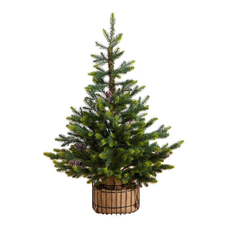 3 pi. Sapin de Noël artificiel en forme de sapin baumier avec pommes de pin en pot de jute