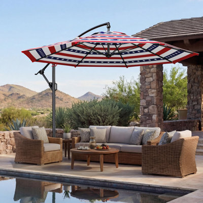 10ft Cantilever Patio Umbrella with Base Included, 30 MPH Wind-Resistant Offset Outdoor Hanging Umbrella with 45 Degree Infinite Tilt and Smooth Crank, 260gsm Solution-Dyed 8-Year Fade-Resistant Canopy for Backyard Pool Deck(Red & Blue Star Stripes)