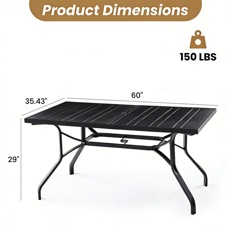 60'' Rectangular Power-Coated Outdoor Dining Table with Parasol Hole for 6 People, Black