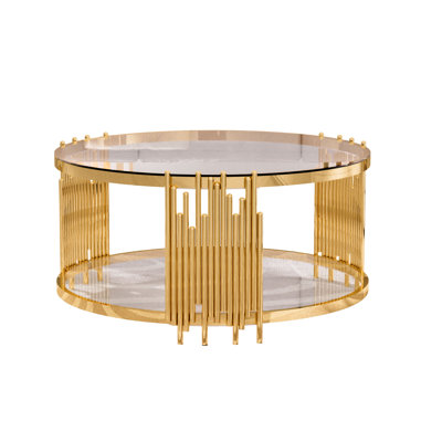 Tionah 35.4" W x 17.7" H 2-Tier Round Tempered Glass Top Coffee Table, Deluxe Gold Stainless Legs Sofa Table by Mercer41