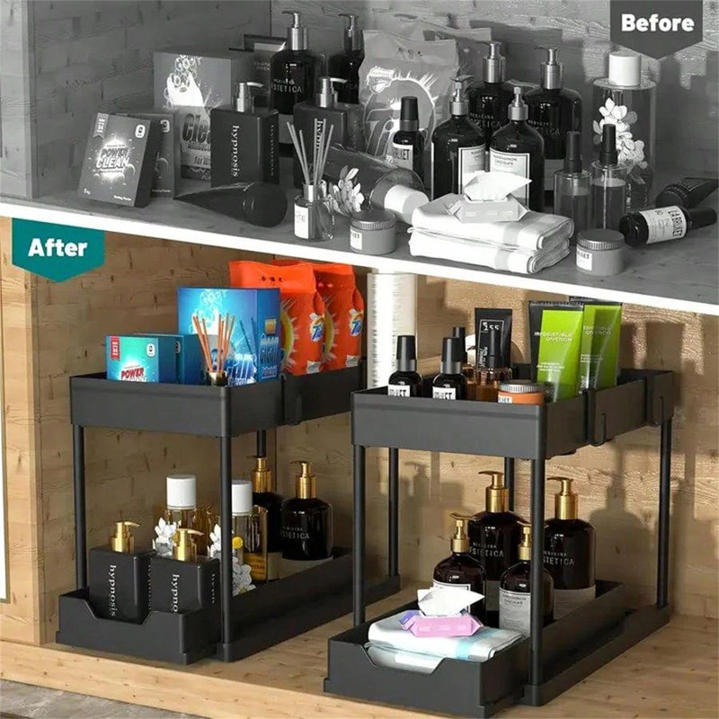 Rangement coulissant sous évier à 2 niveaux: tiroir de rangement multifonctionnel noir avec design coulissant pour la cuisine et la salle de bain