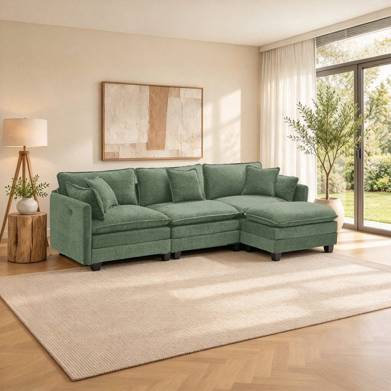 112" L-Shaped Modular Sectional Sofa with USB Charging Port and Movable Ottoman, Chenille verte