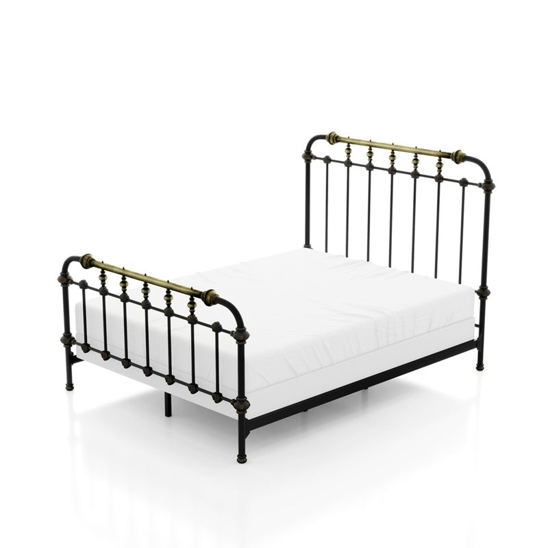 Grand lit en métal de style transitionnel, finition noire antique, accents dorés brossés à la main, 7 broches, thermolaqué pour le décor de la chambre à coucher