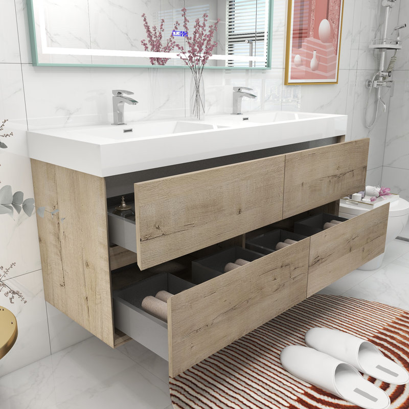 59'' Double Bathroom Vanity with Top, Light Oak