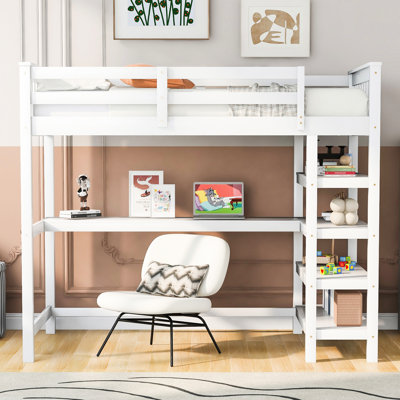 White Twin Size Loft Bed With Desk And Shelves For Superior Storage - Built Solid Pine A Bedroom Bed, White, Comprehensive Space Utilization Organization Constructed Practical