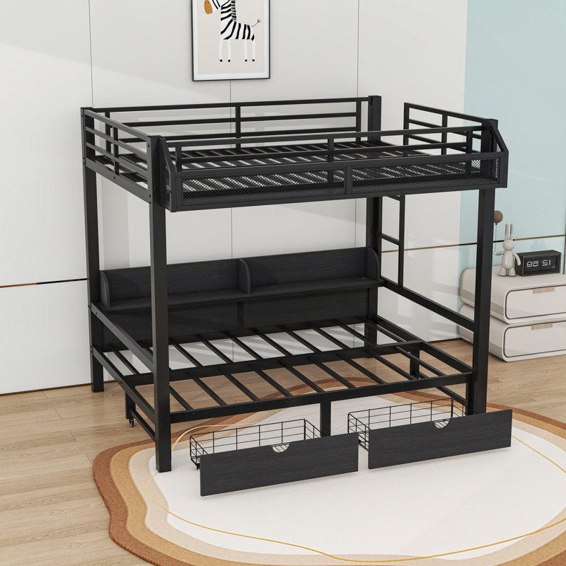 Metal Bunk Bed With Built-In Shelves And LED And USB Ports And 2 Drawers, Black, Full over Full